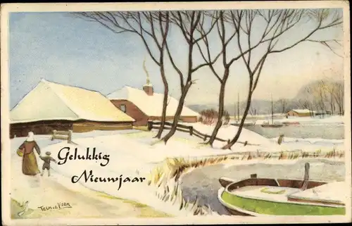 Künstler Ak Glückwunsch Neujahr, Winterlandschaft