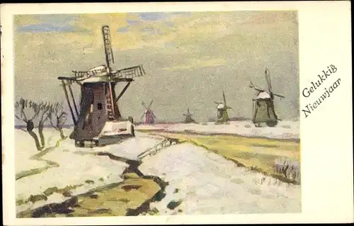 Ak Glückwunsch Neujahr, Winterlandschaft, Windmühlen