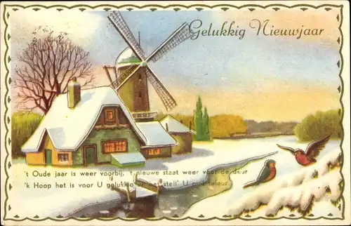 Ak Glückwunsch Neujahr, Winterlandschaft, Windmühlen