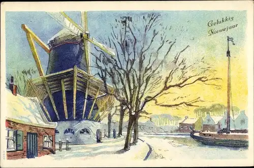 Ak Glückwunsch Neujahr, Winterlandschaft, Windmühle