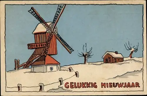 Ak Glückwunsch Neujahr, Winterlandschaft, Windmühle