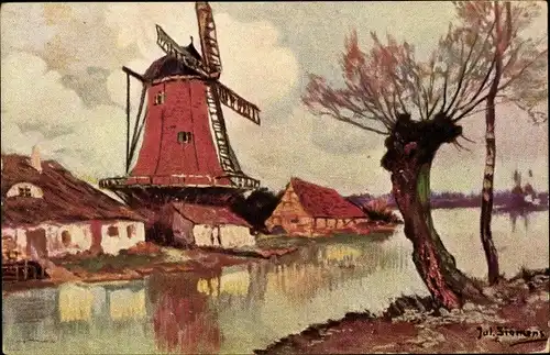 Künstler Ak Sielens, Jul., Landschaft mit Windmühle