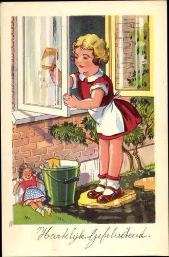 Künstler Ak Glückwunsch Geburtstag, Mädchen putzt die Fenster, Puppe