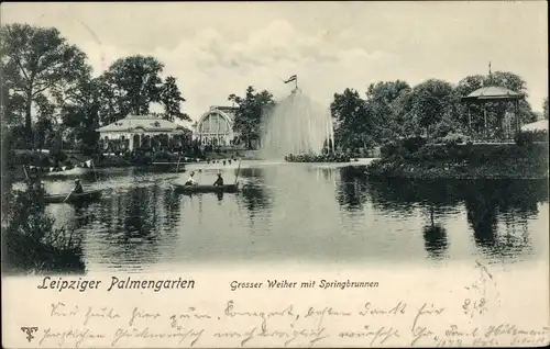 Ak Leipzig in Sachsen, Palmengarten, Großer Weiher mit Springbrunnen