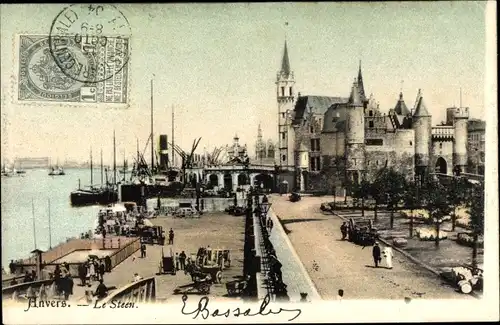 Ak Antwerpen, Le Steen, Bâtiments, Bateaux, Piétons