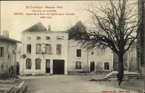 Ak Crevic Meurthe et Moselle, Blick auf den Place de Eglise nach dem Brand