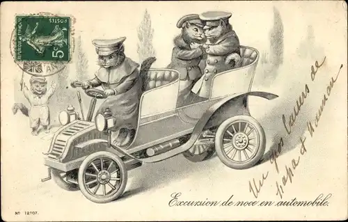 Präge Litho Boulanger, M., Automobil, Vermenschlichte Katzen, Liebespaar