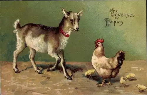 Präge Litho Glückwunsch Ostern, Ziege, Henne, Küken