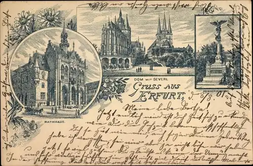 Litho Erfurt in Thüringen, Kriegerdenkmal, Dom, Severikirche, Rathaus