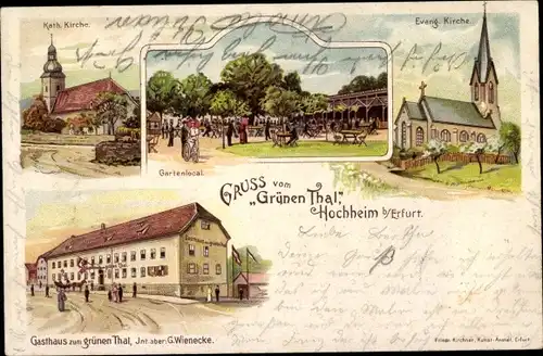 Litho Hochheim Erfurt in Thüringen, Evangelische und Katholische Kirchen, Gasthaus zum grünen Thal