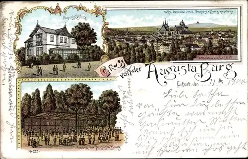 Litho Erfurt in Thüringen, Gasthaus Augusta Burg, Panorama mit Dom, Kyffhäuser Denkmal