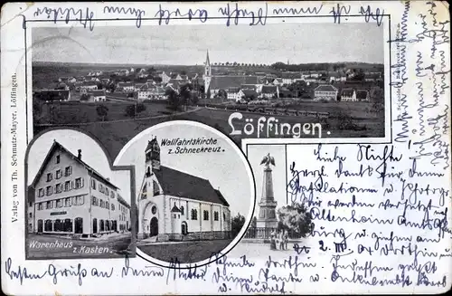 Ak Löffingen im Schwarzwald, Wallfahrtskirche zum Schneekreuz, Warenhaus zum Kasten, Kriegerdenkmal