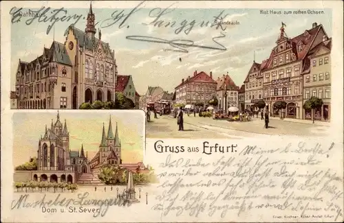 Litho Erfurt in Thüringen, Dom und Severikirche, Rathaus, Haus zum roten Ochsen