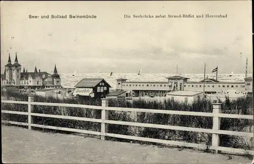 Ak Świnoujście Swinemünde Pommern, Seebrücke mit Strandbüffet und Herrenbad