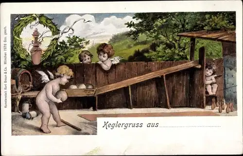 Litho Keglergruß, Engel auf der Kegelbahn