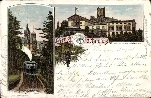 Litho Königswinter am Rhein, Drachenfels, Drachenburg, Zahnradbahn