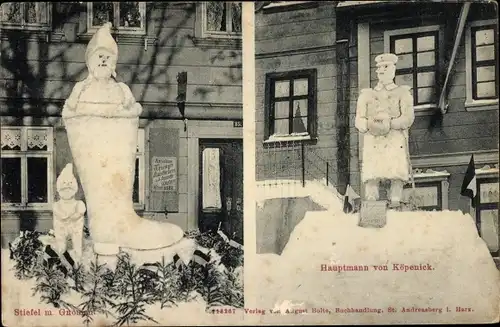 Ak St. Andreasberg Braunlage im Harz, Hauptmann von Köpenick, Stiefel mit Gnomen, Schneefiguren