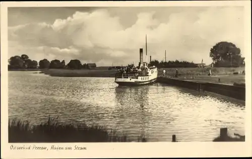 Ak Ostseebad Prerow auf dem Darß, Hafen am Strom, Dampfer