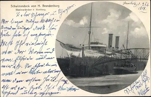 Ak Hamburg Mitte Steinwerder, Schwimmdock von H. Brandenburg, Dampfer