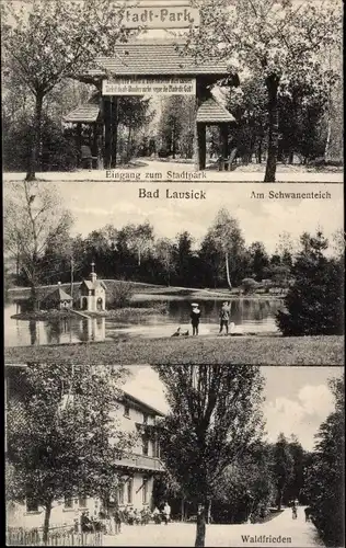 Ak Bad Lausick in Sachsen, Eingang zum Stadtpark, Waldfrieden, Schwanenteich