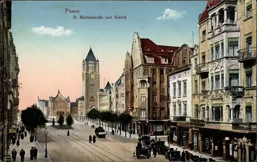 Ak Poznań Posen, St. Martinskirche und Schloss, Turmuhr