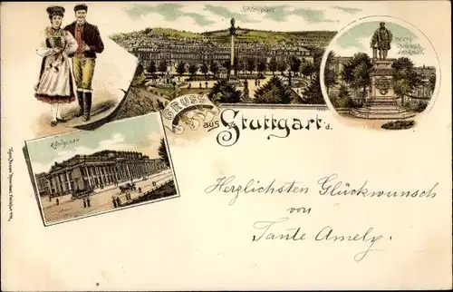 Litho Stuttgart in Baden Württemberg, Herzog Christoph Denkmal, Schlossplatz, Königsbau, Trachten