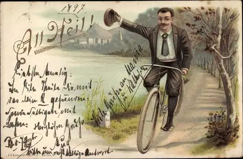 Litho Fahrradfahrer, Spazierfahrt, Mann, Chapeau Bas, All Heil