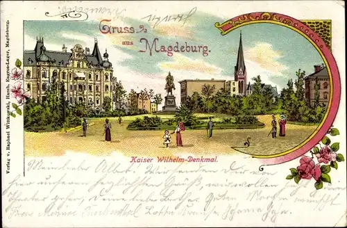 Litho Magdeburg an der Elbe, Kaiser Wilhelm Denkmal