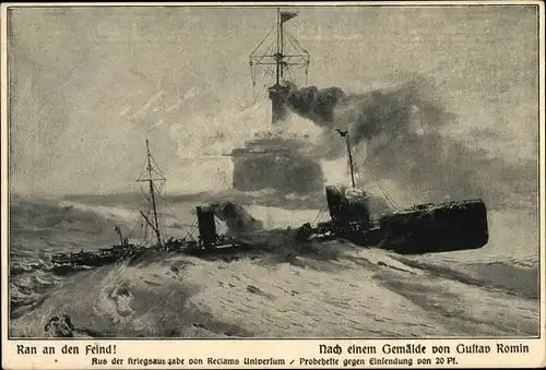 Künstler Ak Romin, G., Ran an den Feind, Kriegsschiffe, Kaiserliche Marine, I. WK