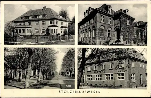 Ak Stolzenau an der Mittelweser, Allee, Postamt, Landwirtschaftsschule, Sparkasse