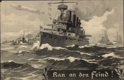 Künstler Ak Ran an den Feind, Deutsche Kriegsschiffe, Zeppelin