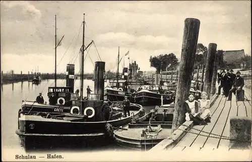 Ak Schulau Wedel im Kreis Pinneberg, Schiffe im Hafen, Steg