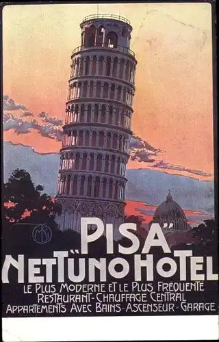 Künstler Ak Pisa Toscana, Nettuno Hotel, Schiefer Turm