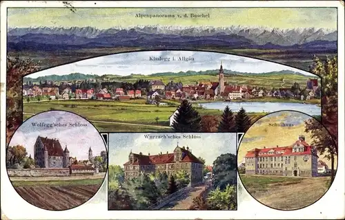 Ak Kißlegg im Allgäu, Wolfegg'sches Schloß, Schulhaus, Wurzach'sches Schloss, Alpenpanorama