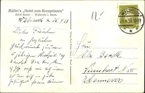 Ak Walsrode in der Lüneburger Heide, Müller's Hotel zum Kronprinzen