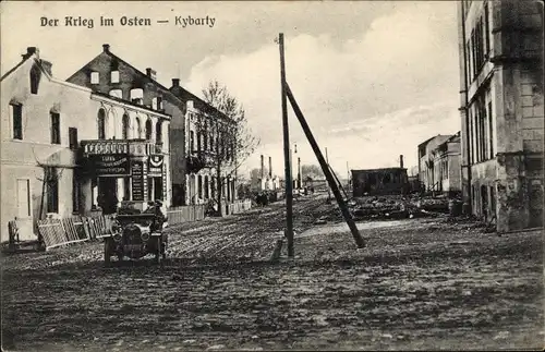 Ak Kybarty Eydtkuhnen Ostpreußen, Der Krieg im Osten, Straße im Ort, Auto, I WK