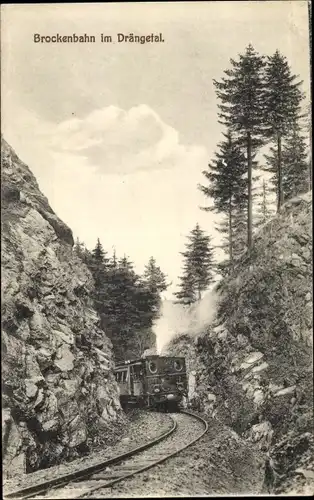 Ak Brocken Nationalpark Harz, Brockenbahn im Drängetal, Dampflok