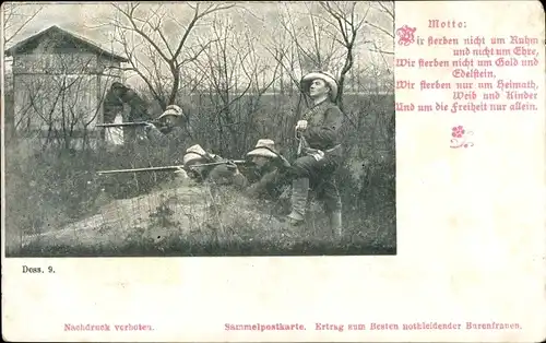 Ak Südafrika, Soldaten in Uniformen, Gewehr, Wir sterben nicht um Ruhm und nicht um Ehre, Burenkrieg