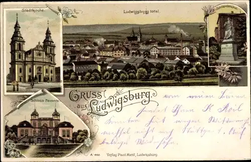 Litho Ludwigsburg in Württemberg, Stadtkirche, Schloss Favorite, Schillerdenkmal, Totalansicht