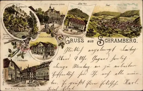 Litho Schramberg im Schwarzwald, Hotel Post, Restaurant, Gasthof, Platz, Totalansicht