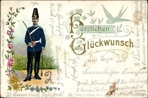 Ak Deutscher Soldat in Uniform, Ausrüstung, Glückwunsch, Taube