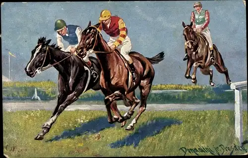 Künstler Ak Jockeys auf Pferden reitend, Pferderennsport