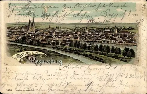 Litho Regensburg an der Donau Oberpfalz, Panorama vom Ort