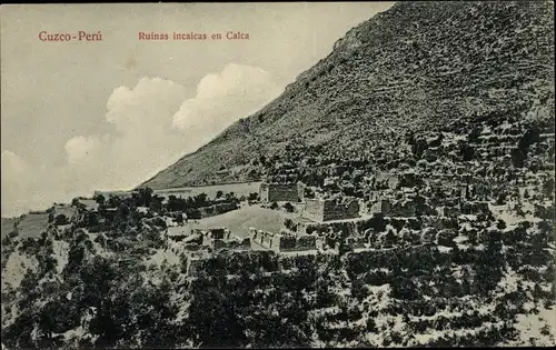 Ak Calca Cuzco Peru, Totalansicht der Inkaruinen, Berg