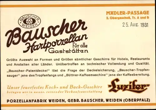 Ak Porzellanfabrik Weiden, Gebr. Bauscher, Koch- und Back-Geschirr, Werbung