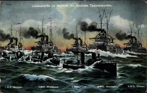 Ak Deutsche Kriegsschiffe, Linienschiffe im Manöver, Hochsee Torpedoboote, SMS Nassau, Rheinland