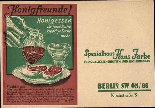 Ak Reklame, Honigbirne mit Absetzglas, Spezialhaus Hans Jarke, Berlin, Kochstraße 5