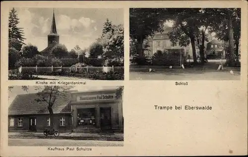 Ak Trampe Eberswalde im Kreis Barnim, Kirche, Kriegerdenkmal, Schloss, Kaufhaus Paul Schultze