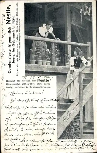 Ak Condensierte Alpenmilch Nestle, Kindermehl, Reklame, Frauen in Schweizer Tracht