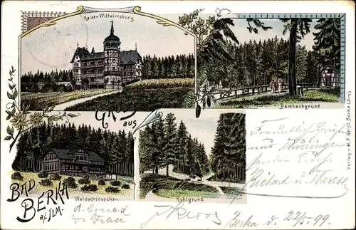 Litho Bad Berka in Thüringen, Kaiser Wilhelmsburg, Dambachgrund, Waldschlösschen, Kohlgrund